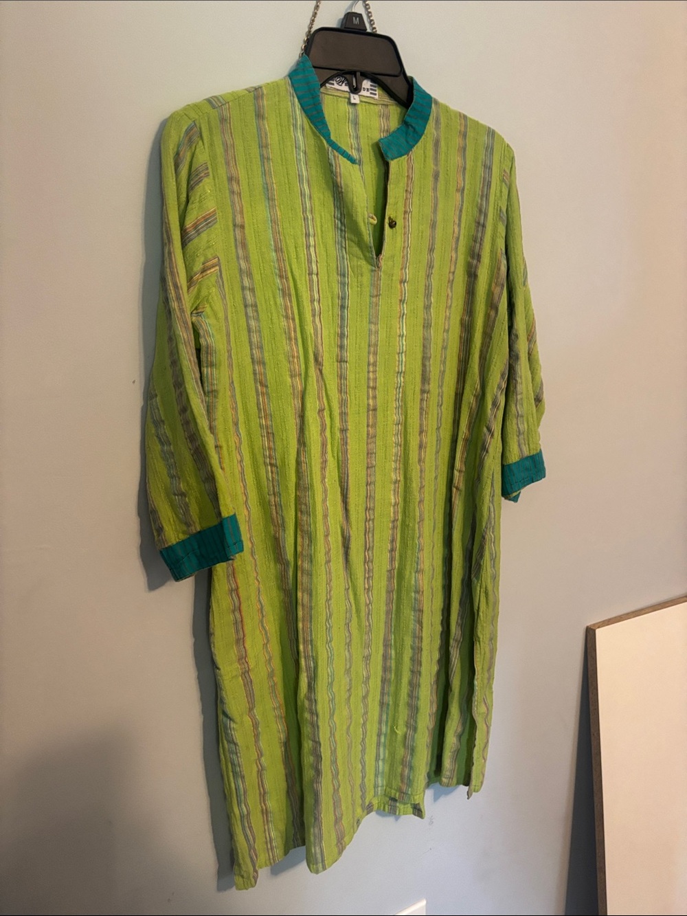 Lime Green Striped Kurta with Teal Trim